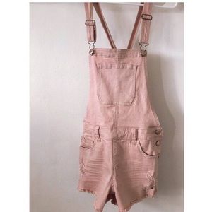 Pink denim overall shorts